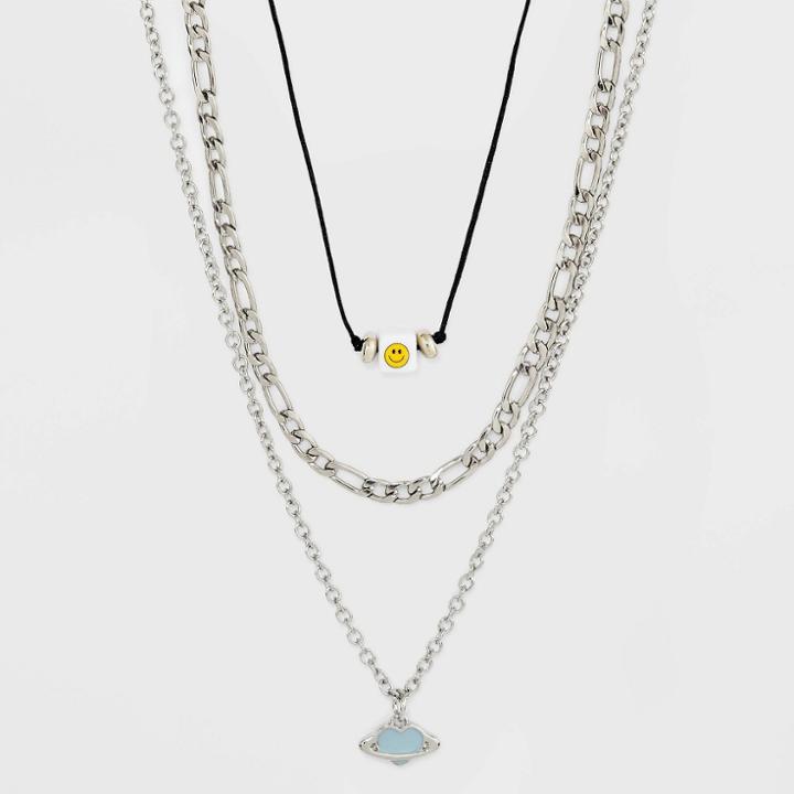 Smiley Face And Heart Planet Charm Chain Necklace - Wild Fable