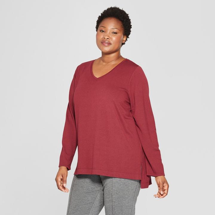 Women's Plus Size Long Sleeve V-neck T-shirt - Ava & Viv Burgundy (red)