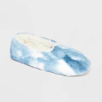 No Brand Women's Watercolor Faux Fur Cozy Pull-on Slipper Socks - Blue/ivory