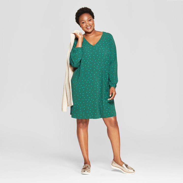 Women's Plus Size Polka Dot Shift Dress - Ava & Viv Green