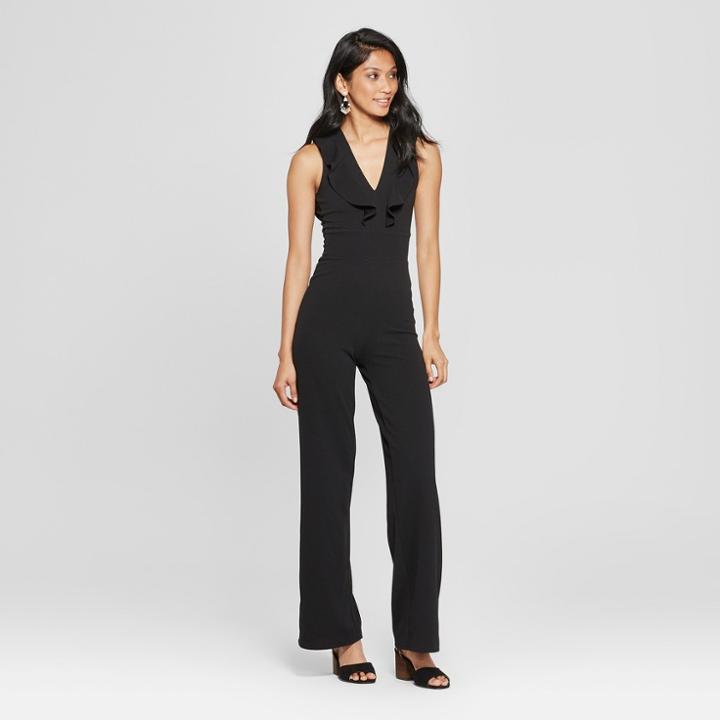 Women's Sleeveless Ruffle Open Back Jumpsuit - Almost Famous (juniors') Black