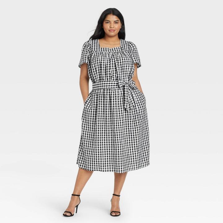 Women's Plus Size Gingham Print Puff Short Sleeve Dress - Who What Wear Black/white