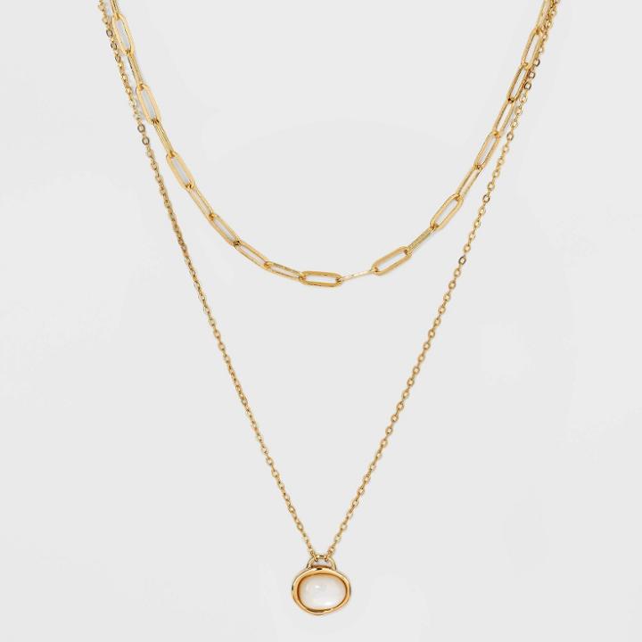 Layered Gold Dipped With Semi-precious Mother Of Pearl Quartz Chain Necklace - A New Day White
