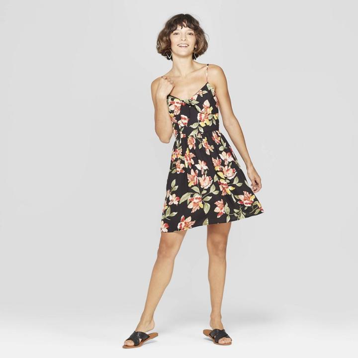 Women's Floral Print Strappy Tie Front Dress - Xhilaration Black