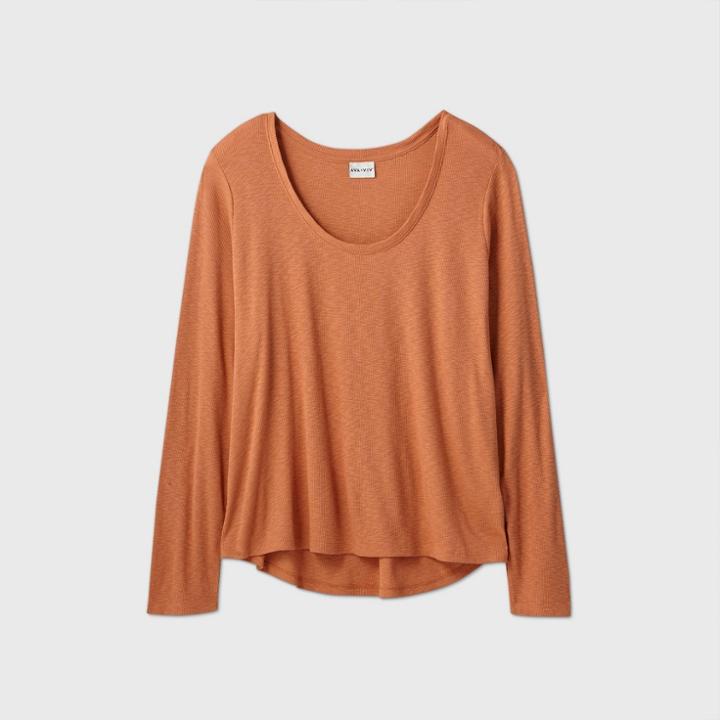Women's Plus Size Long Sleeve Scoop Neck T-shirt - Ava & Viv Brown X, Orange