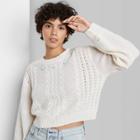 Women's Floral Print Crewneck Embroidered Cropped Cable Knit Pullover Sweater - Wild Fable Cream