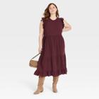 Women's Plus Size Flutter Sleeveless Tiered Dress - Universal Thread Burgundy