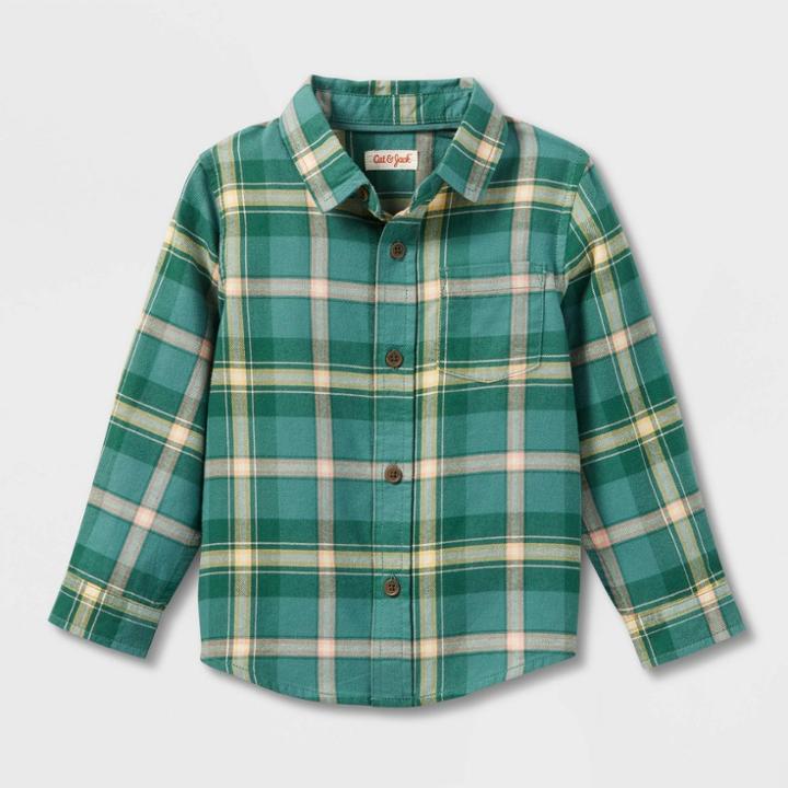 Toddler Boys' Long Sleeve Flannel Button-up Shirt - Cat & Jack Green