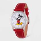 Women's Disney Mickey Mouse Silver Cardiff Leather Strap Watch - Red, Red/silver