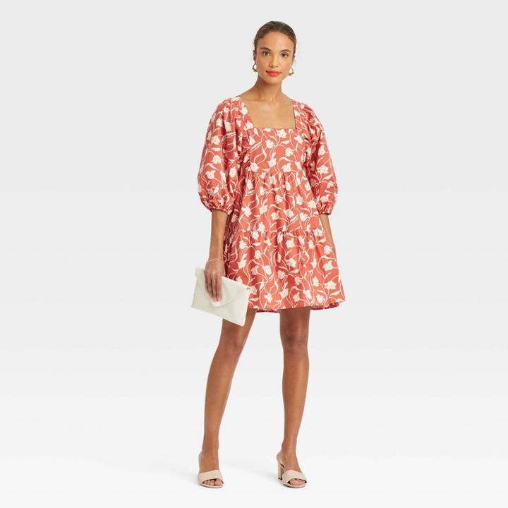 Women's Short Sleeve A-line Dress - A New Day Orange Floral Print