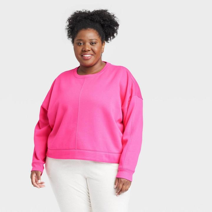 Women's Plus Size Cotton Fleece Crewneck Cropped Sweatshirt - All In Motion Berry Pink