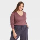Women's Plus Size Long Sleeve V-neck Rib T-shirt - A New Day Purple