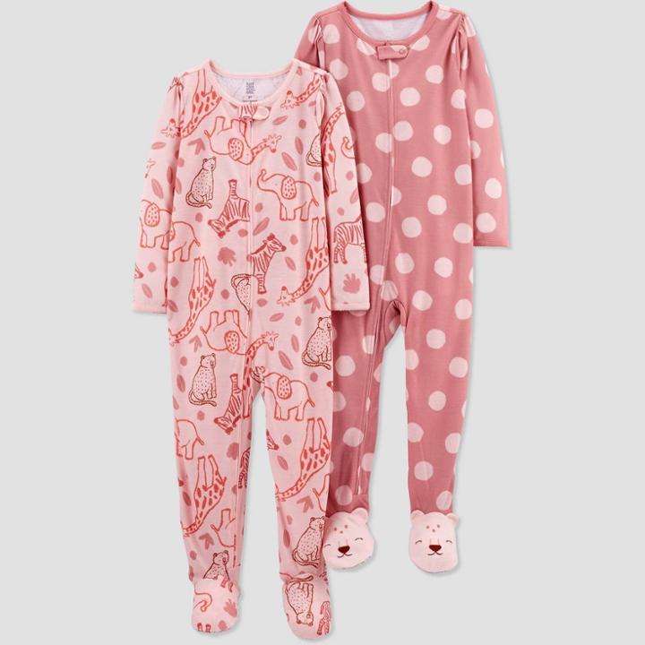 Carter's Just One You Baby Girls' 2pk Zoo Animals And Polka Dots Footed Pajama - Pink