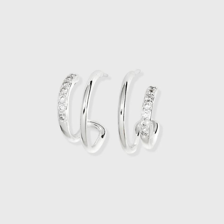 Sterling Silver Cubic Zirconia Faux Duo Stud Hoop Earrings - A New Day
