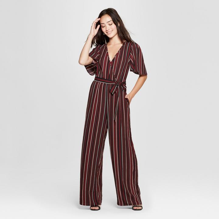 Women's Striped Short Sleeve Wrap Jumpsuit - Xhilaration Black Xxl, Black