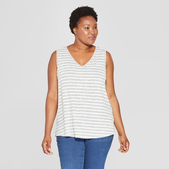 Women's Plus Size Striped V-neck Tank - Ava & Viv Black/cream