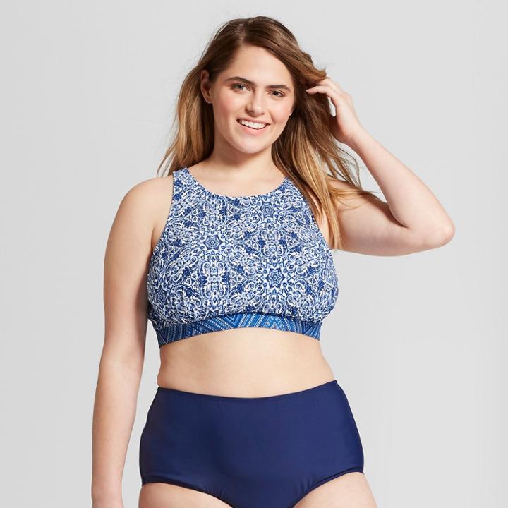 Plus Size Social Angel Women's Plus Lace-up High Neck Bikini Top - Navy/white