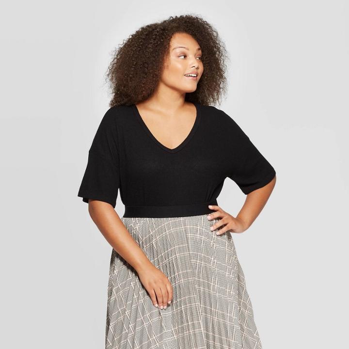 Women's Plus Size Short Sleeve V-neck Cozy Rib Top - A New Day Black
