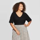 Women's Plus Size Short Sleeve V-neck Cozy Rib Top - A New Day Black