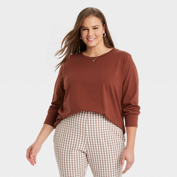 Women's Plus Size Long Sleeve Supima T-shirt - A New Day Brown