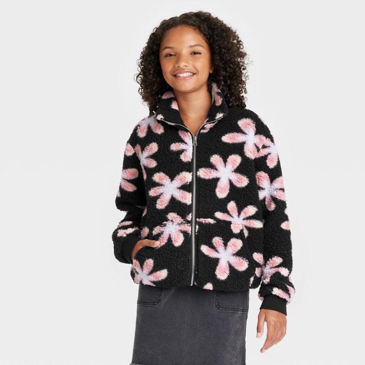 Girls' Printed High Pile Fleece Jacket - Art Class Black Floral