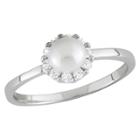 Tiara Kid's Round Cubic Zirconia And Freshwater Pearl Flower Ring In Sterling Silver (4-5mm), Girl's,