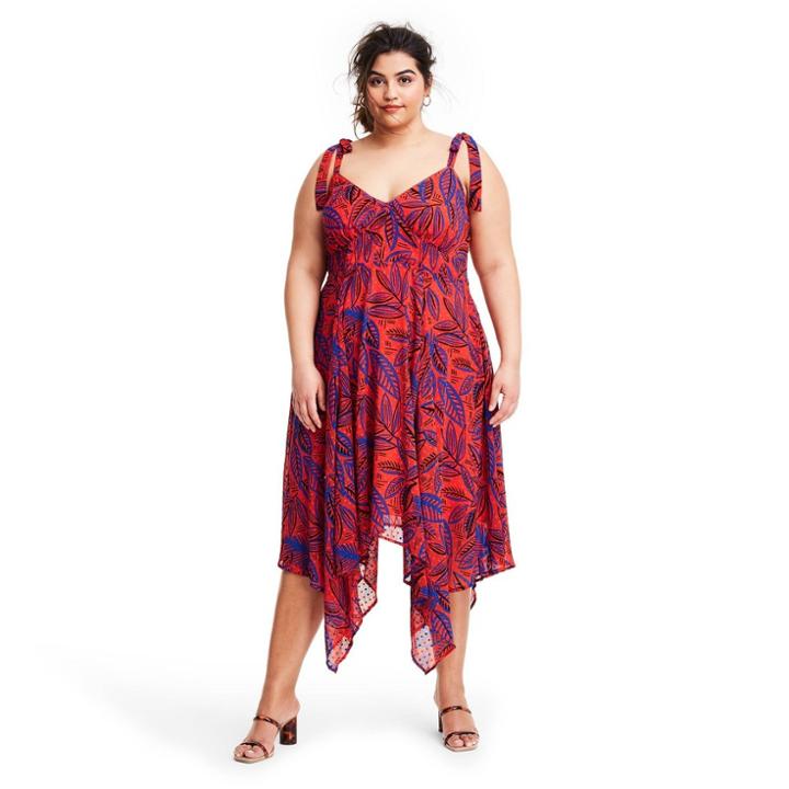 Plus Size Tropical Leaf Tie Strap Asymmetrical Hem Dress - Alexis For Target Orange/blue