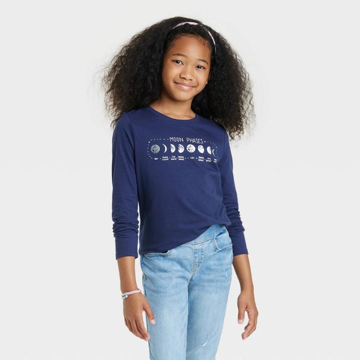 Girls' 'moon Phases' Long Sleeve Graphic T-shirt - Cat & Jack Navy