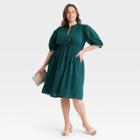 Women's Plus Size Puff Elbow Sleeve Seersucker Dress - A New Day Teal