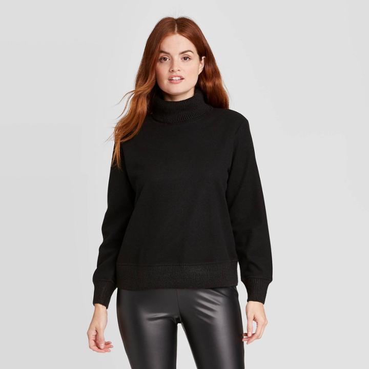 Women's Long Sleeve Turtleneck Sweater Trim T-shirt - A New Day Black