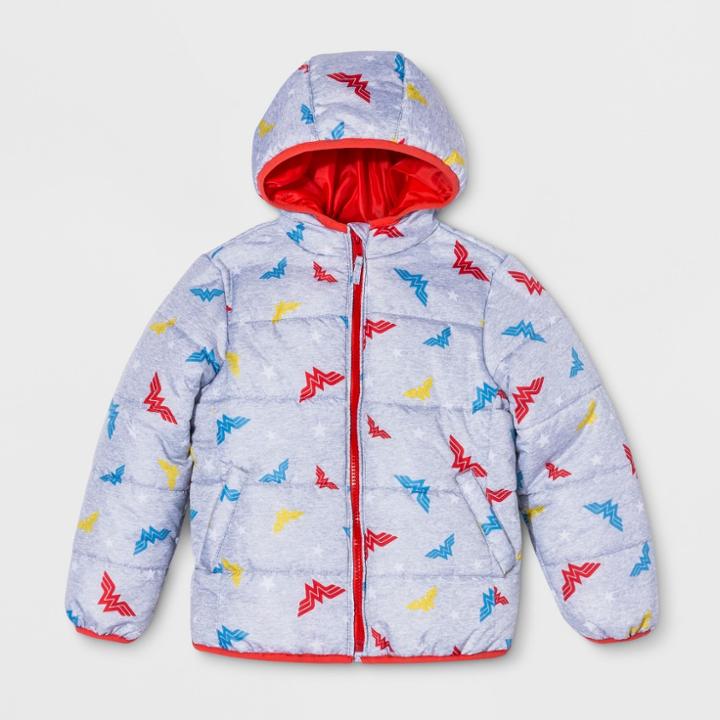 Dc Comics Girls' Wonder Woman Puffer Jacket - Gray