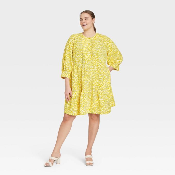 Women's Plus Size Bishop 3/4 Sleeve Dress - Who What Wear Yellow Leopard Print