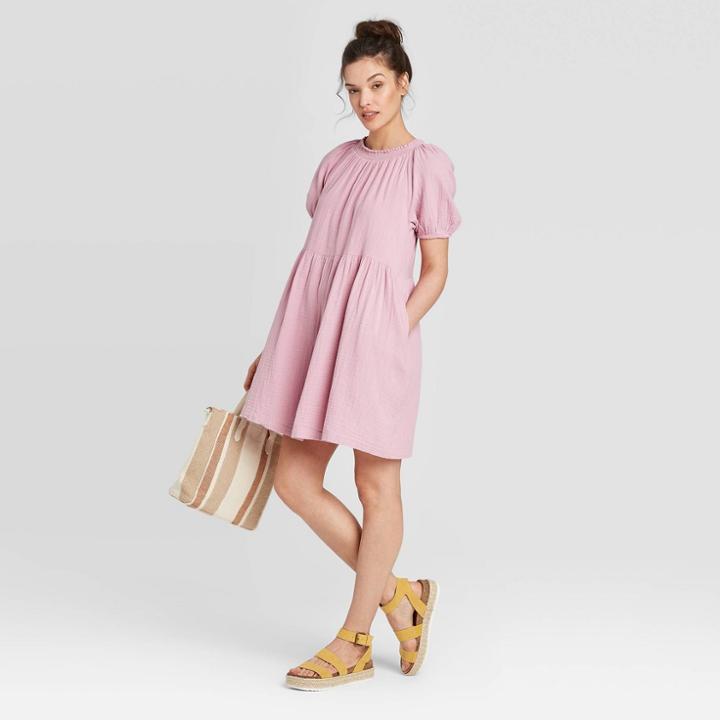 Women's Short Sleevesmocked Gauze Shift Dress - Universal Thread Pink