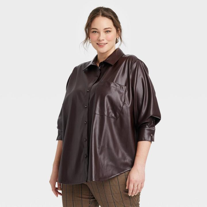 Women's Plus Size Long Sleeve Faux Leather Button-down Shirt - A New Day Brown