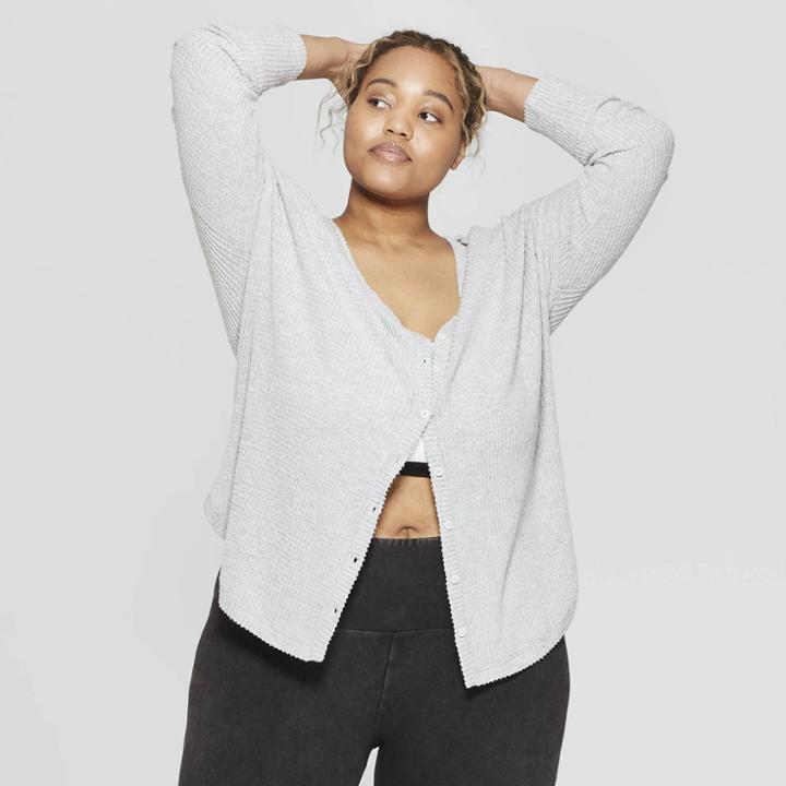 Women's Plus Size Long Sleeve Waffle Button-up Lounge Sweatshirt - Colsie Gray