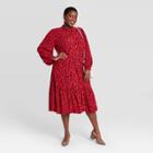 Women's Plus Size Floral Print Long Sleeve Tie Waist Shirtdress- A New Day Red