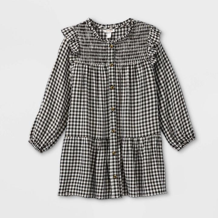 Girls' Plaid Woven Long Sleeve Dress - Cat & Jack Cream/black