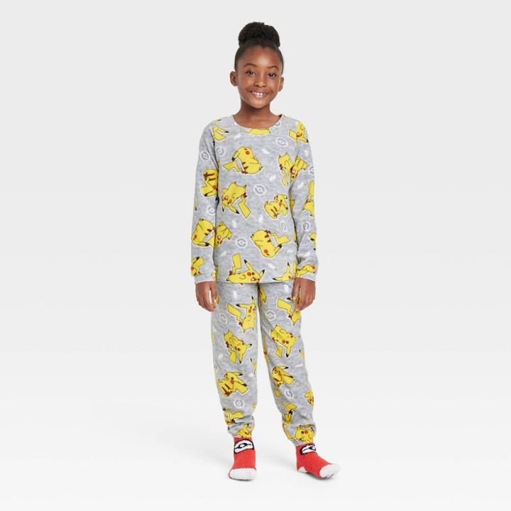 Pokemon Girls' Pokmon Pikachu Pajama Set With Cozy Socks - Gray