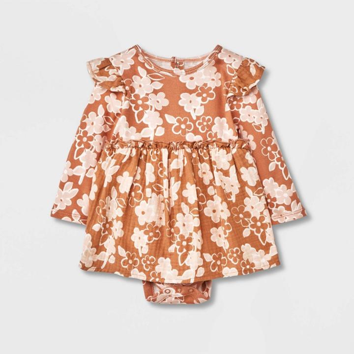 Grayson Collective Baby Girls' Ribbed Long Sleeve Dress - Brown Newborn