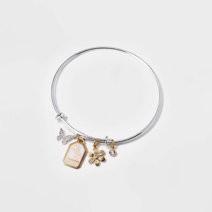 No Brand Silver Plated 'sisters' Cubic Zirconia Butterfly And Flower Charm Bangle Bracelet - Gold