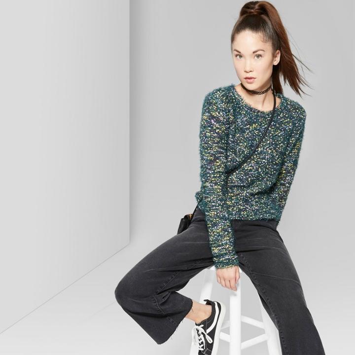 Women's Long Sleeve Crew Neck Confetti Sweater - Wild Fable Green