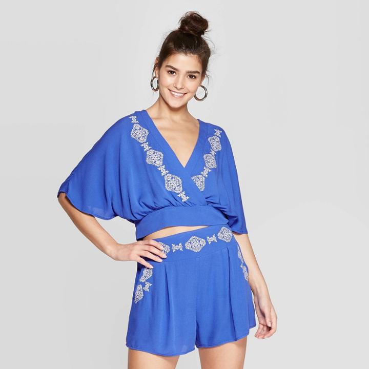 Women's Short Sleeve V-neck Embroidered Wrap Cropped Top - Xhilaration Blue