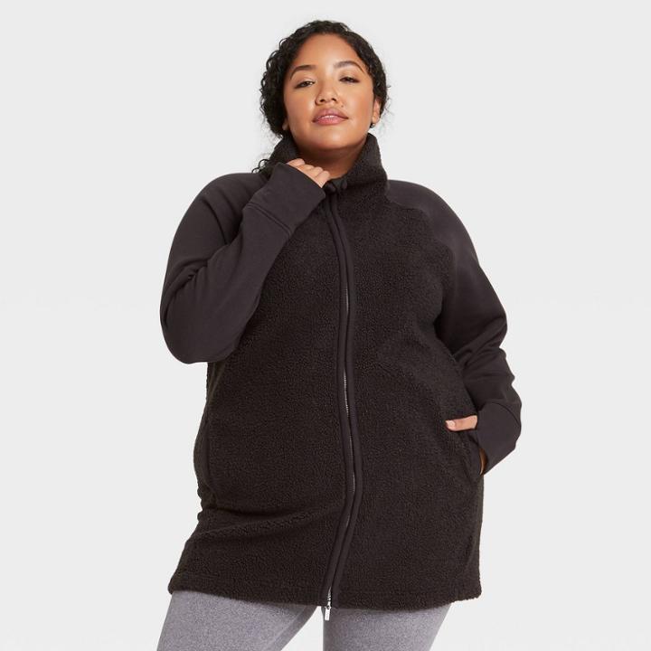 Women's Plus Size Sherpa Full Zip Long Jacket - All In Motion Black
