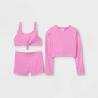 Girls' 3pc Long Sleeve Ribbed Rashguard And Bikini Short Set- Art Class Pink