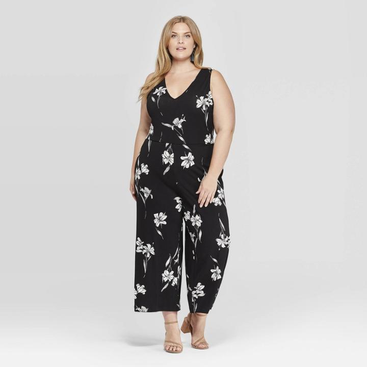Women's Plus Size Floral Print Sleeveless V-neck Knit Jumpsuit - Ava & Viv Black