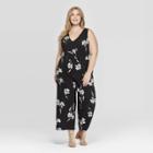 Women's Plus Size Floral Print Sleeveless V-neck Knit Jumpsuit - Ava & Viv Black