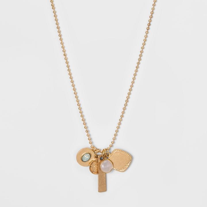 Semi Precious Stones And Textured Metal Discs And Bar Cluster Necklace - Universal Thread Gold