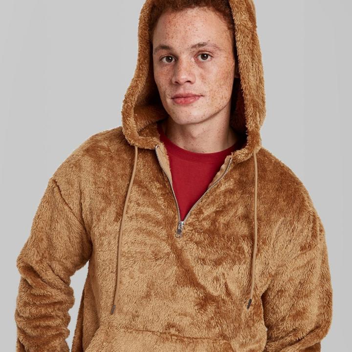 Men's Standard Fit Back Quarter Length Zipper Hoodie Sweatshirt - Original Use Brown