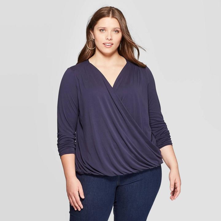 Women's Plus Size Long Sleeve V-neck Drape Front Top - Ava & Viv Navy 4x, Size: