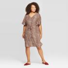 Women's Plus Size Animal Print Short Sleeve V-neck Tie-waist Woven Midi Dress - A New Day Brown X